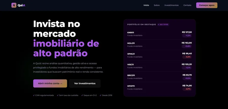 Site desenvolvido para Quizt Investimentos